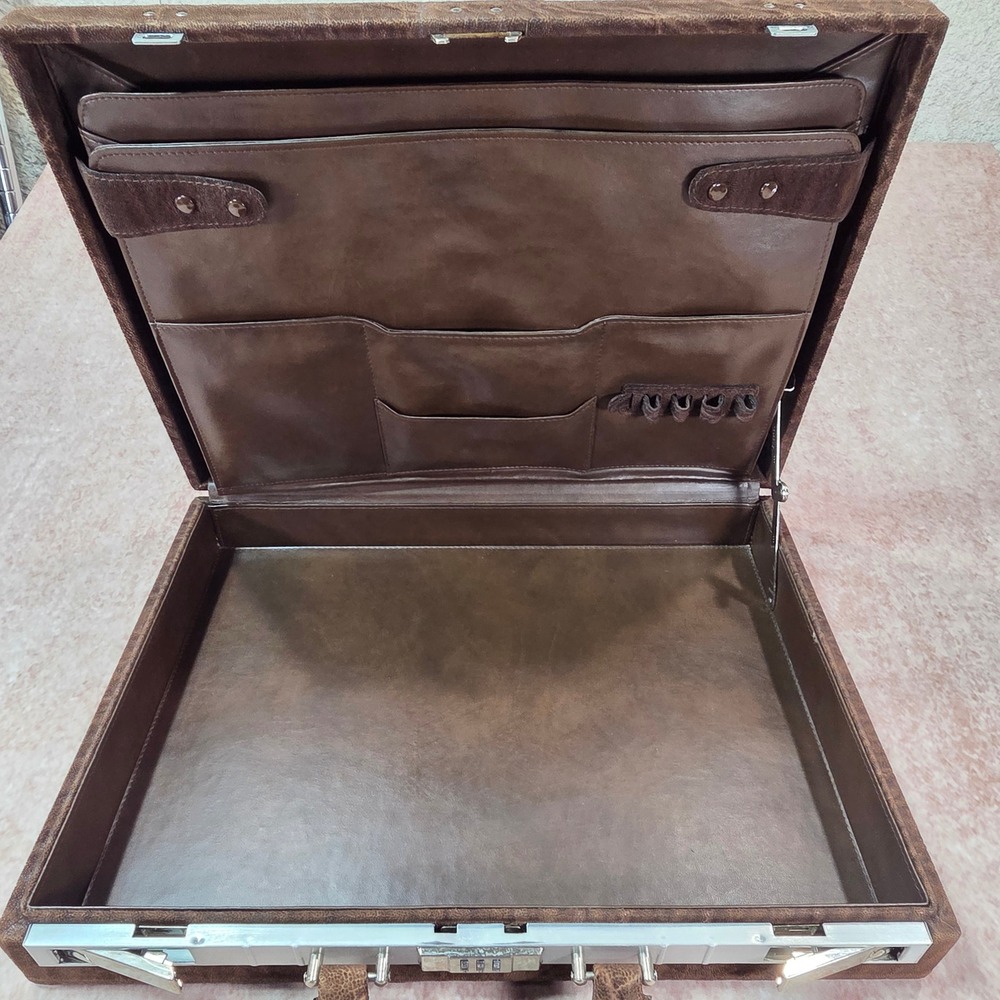 Vintage Elephant Embossed Leather Attache Briefcase Combination Lock Brown Case - Picture 4 of 14